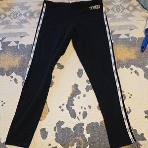 PINK Black Leggings with White Side Stripes